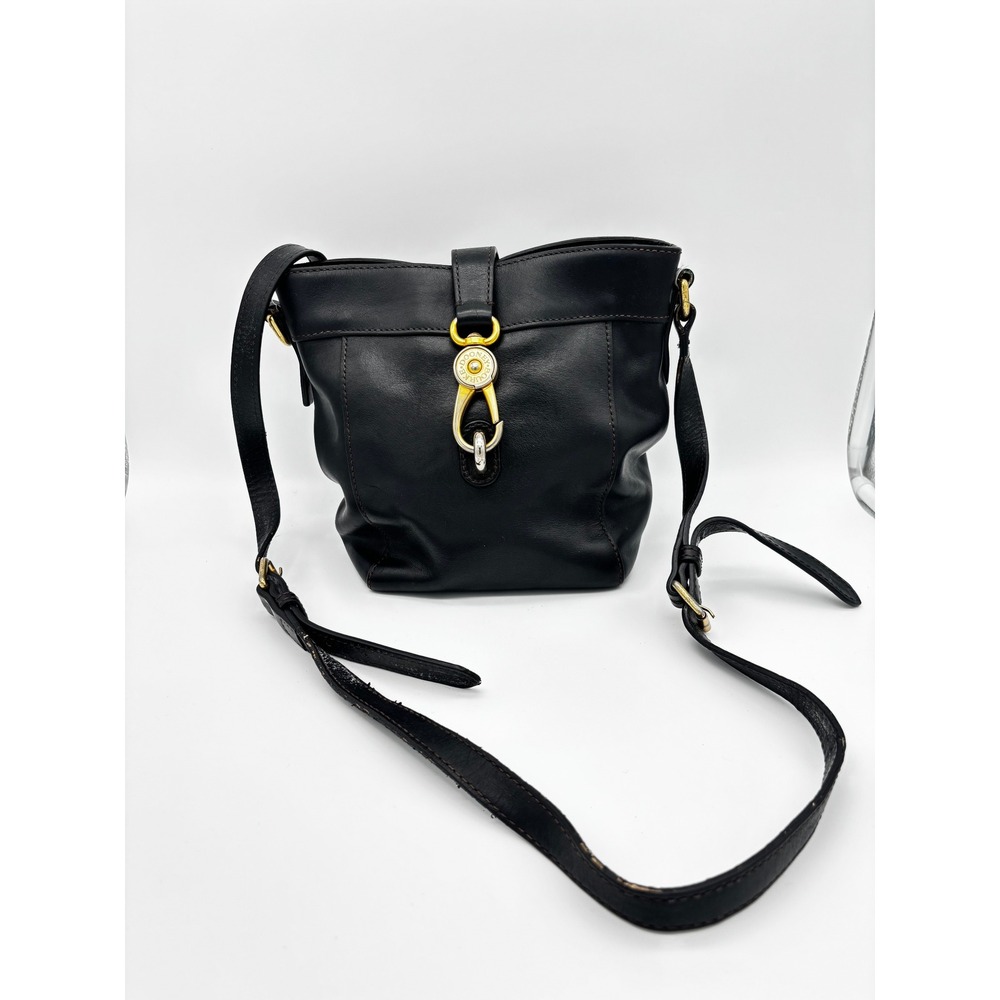 Dooney & Bourke Florentine Vacchetta Leather Crossbody Bucket Bag Black Gold - Picture 1 of 9